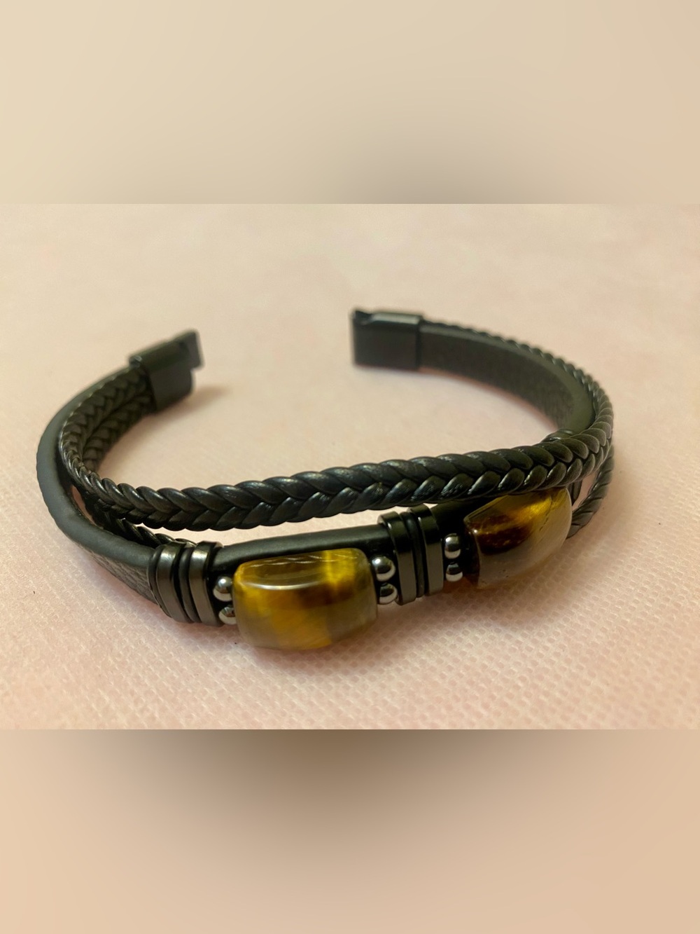 Men's Black Leather Braided Bracelet with Tiger eye stones  Accent